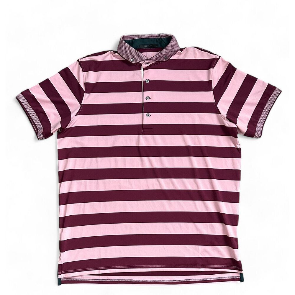 NWT Greyson Saguache Quartz Golf Polo Pink Burgundy Striped Shirt Size L‎